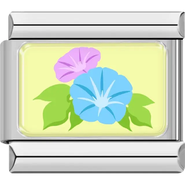 Pink and blue morning glory flowers with green leaves on a pale yellow background Italian charm bracelet link