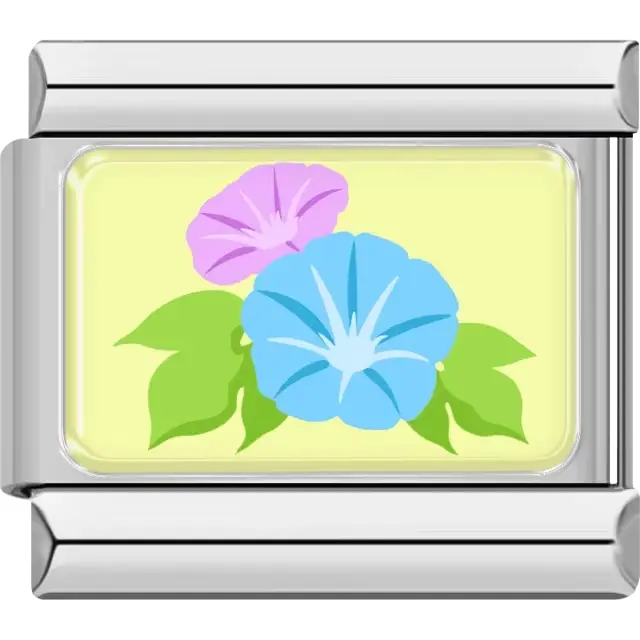 Pink and blue morning glory flowers with green leaves on a pale yellow background Italian charm bracelet link