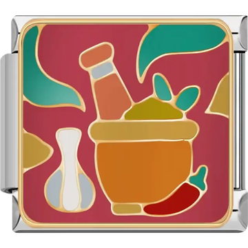 Mortar and pestle with green herbs red chili and white bottle on red background Italian charm bracelet link