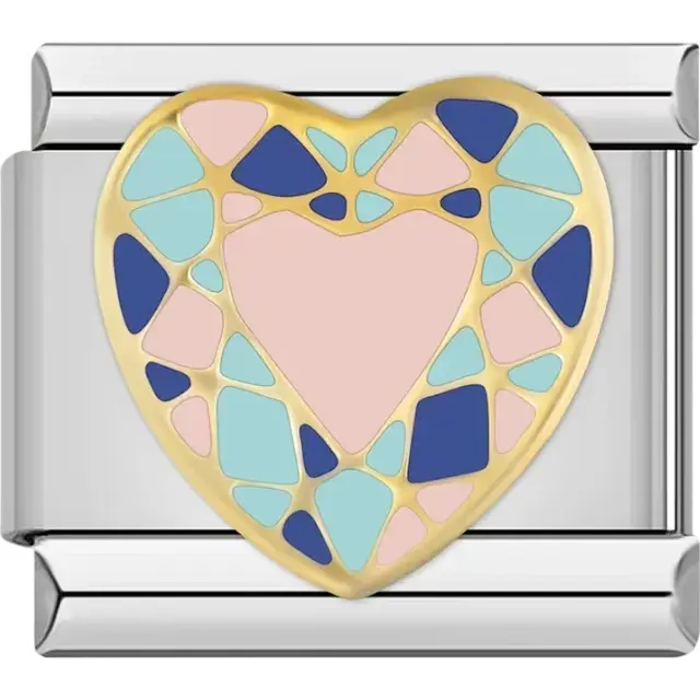 Heart-shaped design with a colorful mosaic pattern in pink, blue, and gold accents Italian charm bracelet link