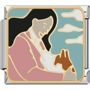 A mother holding her baby with a pastel blue sky and white clouds background Italian charm bracelet link