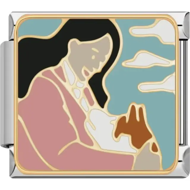 A mother holding her baby with a pastel blue sky and white clouds background Italian charm bracelet link