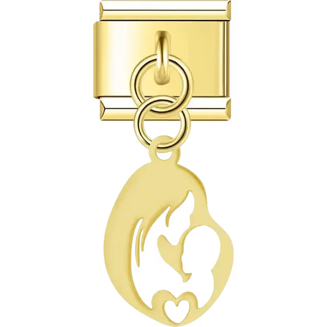 Mother holding baby with heart cutout dangle Italian charm bracelet link