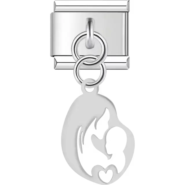 Mother holding baby with heart cutout dangle Italian charm bracelet link