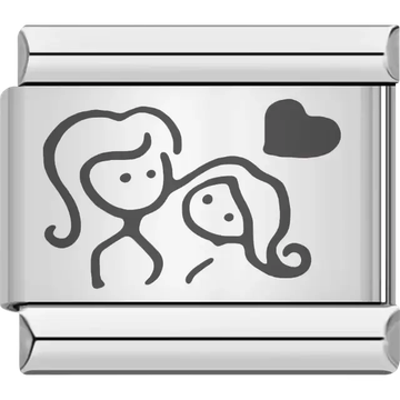Outline of mother and daughter with flowing hair and a heart detail Italian charm bracelet link