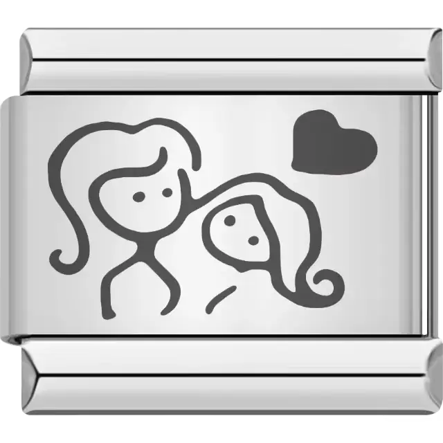 Outline of mother and daughter with flowing hair and a heart detail Italian charm bracelet link