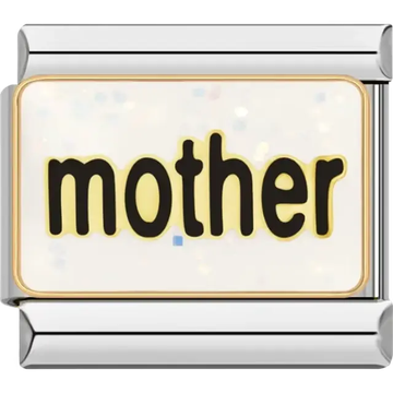 "Mother" text in black with gold outline on glittery white background Italian charm bracelet link