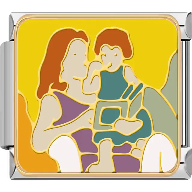 Yellow background mother child colorful illustration Italian charm bracelet link
