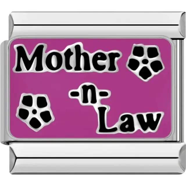 Purple background with the text "Mother-n-Law" and black flower designs Italian charm bracelet link