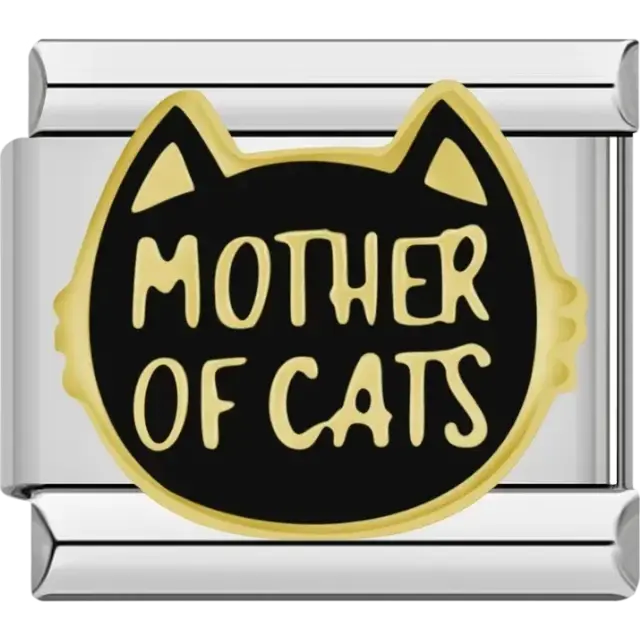 Black cat face with “Mother of Cats” text Italian charm bracelet link
