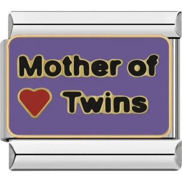 “Mother of Twins” text with red heart Italian charm bracelet link