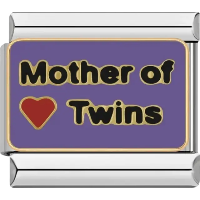 “Mother of Twins” text with red heart Italian charm bracelet link