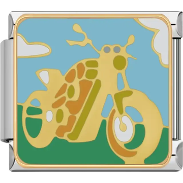 Gold brown and green motorcycle on green grass under a light blue sky with white clouds Italian charm bracelet link