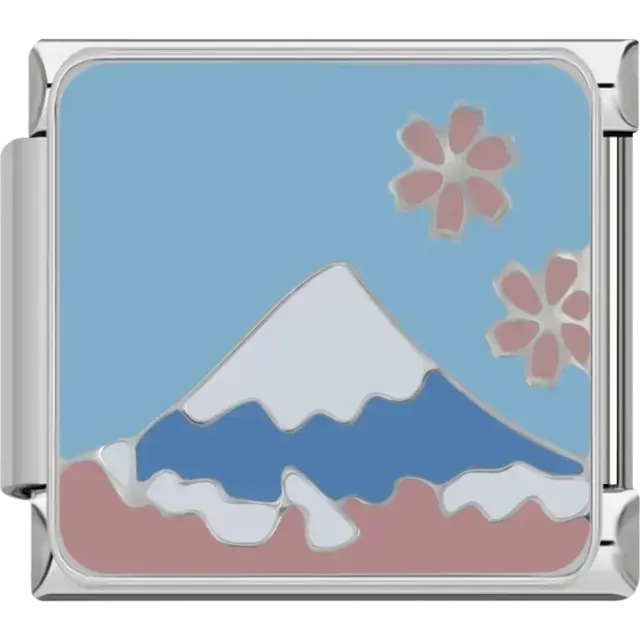 Blue charm featuring Mount Fuji with pink cherry blossoms Italian charm bracelet link