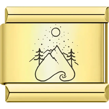 Minimalist black silhouette design of a mountain, river, pine trees, and sun Italian charm bracelet link