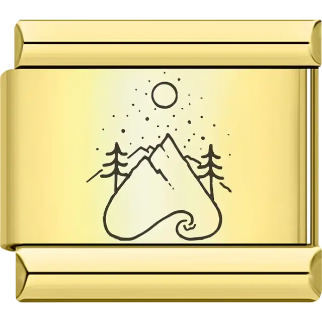 Minimalist black silhouette design of a mountain, river, pine trees, and sun Italian charm bracelet link