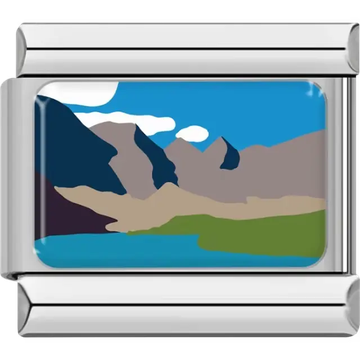 Landscape with mountains blue lake and green grass under a bright sky Italian charm bracelet link