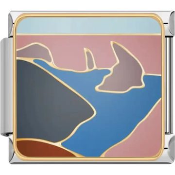 Landscape featuring blue water, gray and brown mountains, and a pink and blue sky Italian charm bracelet link