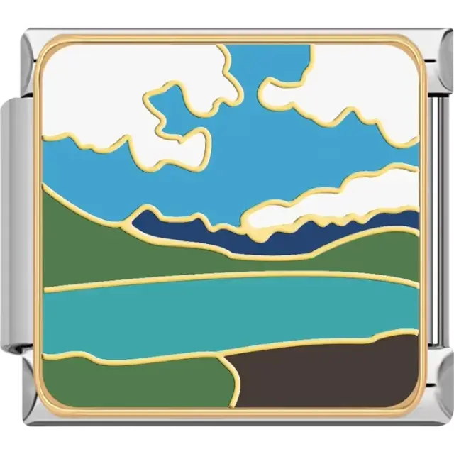 Blue sky with white clouds green hills and turquoise lake Italian charm bracelet link