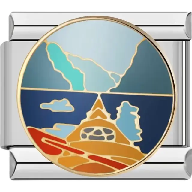 Boat and mountain landscape with blue sky brown hills and gold outlines Italian charm bracelet link