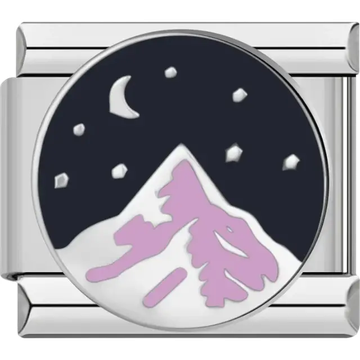 Round charm featuring a purple mountain under a starry night sky Italian charm bracelet link