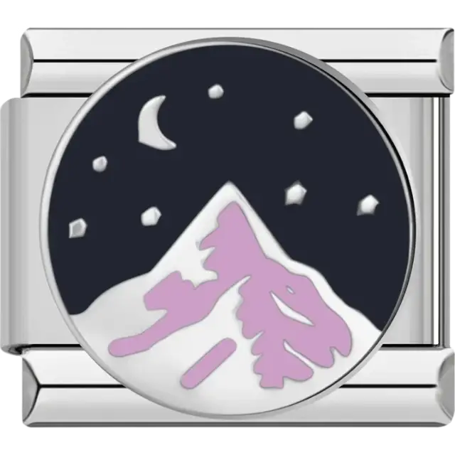 Round charm featuring a purple mountain under a starry night sky Italian charm bracelet link