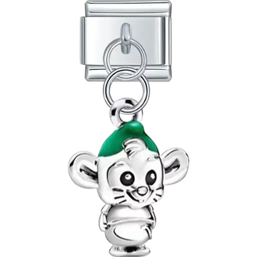 Dangle featuring a smiling mouse wearing a green hat and detailed facial features Italian charm bracelet link