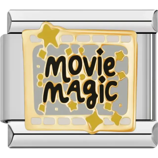 "Movie Magic" text with black and gold design featuring stars and a film border Italian charm bracelet link