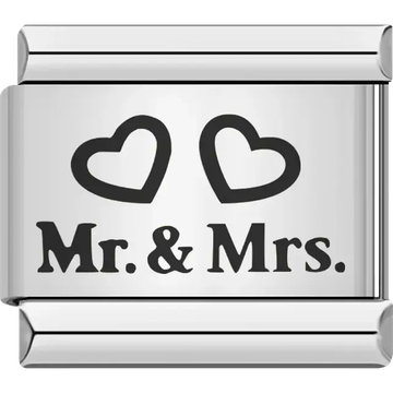Black "Mr. & Mrs." text with two heart outlines above Italian charm bracelet link