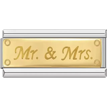 Gold plate with engraved "Mr. &amp; Mrs." script Italian charm bracelet link