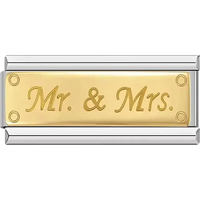 Gold plate with engraved "Mr. & Mrs." script Italian charm bracelet link