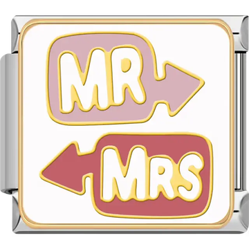 Pink "MR" arrow and red "MRS" arrow with gold outline on white background Italian charm bracelet link