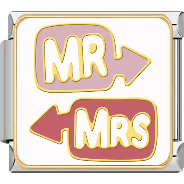 Pink "MR" arrow and red "MRS" arrow with gold outline on white background Italian charm bracelet link