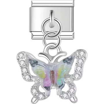 Butterfly with multicolor shimmering wings accented by clear crystals Italian charm bracelet link