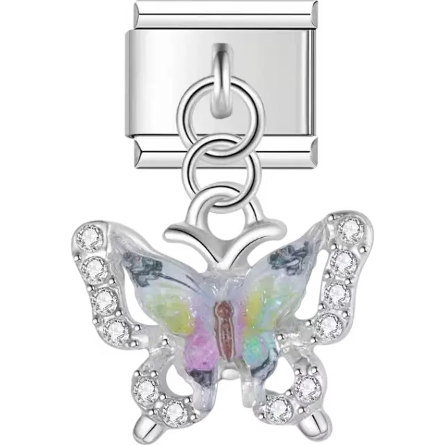 Butterfly with multicolor shimmering wings accented by clear crystals Italian charm bracelet link