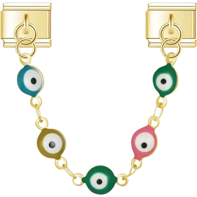 Safety chain charm with random multicolor evil eye beads design Italian charm bracelet link