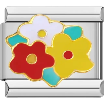 Red yellow and white flower trio with turquoise accents Italian charm bracelet link