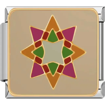 Orange, pink, green, and beige geometric mosaic pattern with gold outlines Italian charm bracelet link