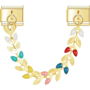 Gold leaf chain with randomly colored flowers Italian charm bracelet link