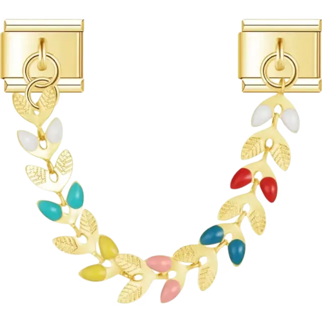 Gold leaf chain with randomly colored flowers Italian charm bracelet link