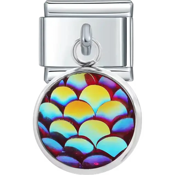 Round multicolor dangle with shiny mermaid scale pattern Italian charm bracelet link
