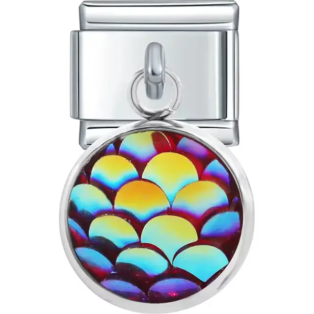 Round multicolor dangle with shiny mermaid scale pattern Italian charm bracelet link