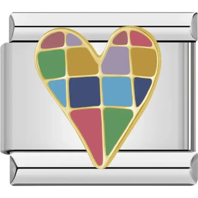 Heart-shaped charm with multicolor mosaic pattern and gold outlines Italian charm bracelet link
