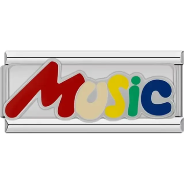 “Music” text in red yellow green and blue design Italian charm bracelet link