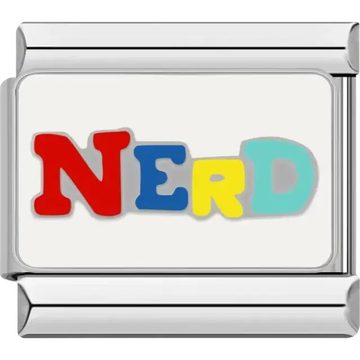 Multicolor "NERD" text with red blue yellow and aqua letters Italian charm bracelet link
