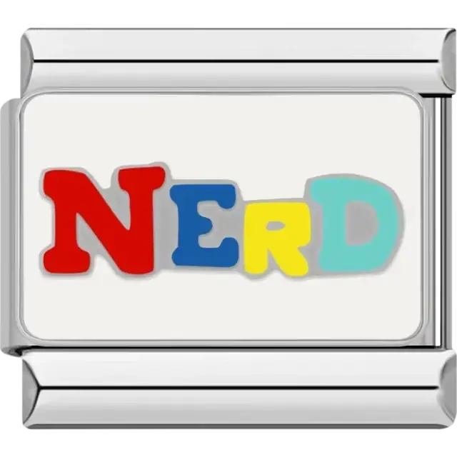 Multicolor "NERD" text with red blue yellow and aqua letters Italian charm bracelet link
