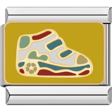 Gold-outlined sneaker with red green and blue accents on a yellow background Italian charm bracelet link
