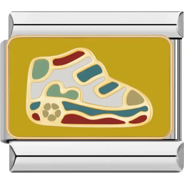 Gold-outlined sneaker with red green and blue accents on a yellow background Italian charm bracelet link
