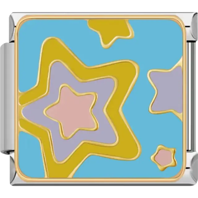 Blue background with overlapping pink lavender and gold stars Italian charm bracelet link