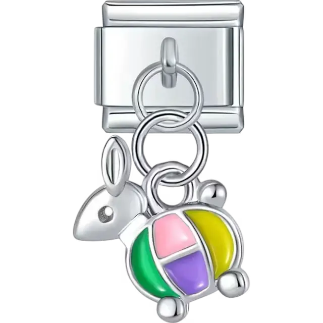 Dangle featuring a bunny with sections of pink yellow green and purple color blocks Italian charm bracelet link